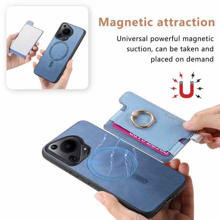 Funda para Teléfono Huawei Pura 70 Ultra con Tarjetero y Anillo de Cuero Retro Magsafe (Azul)