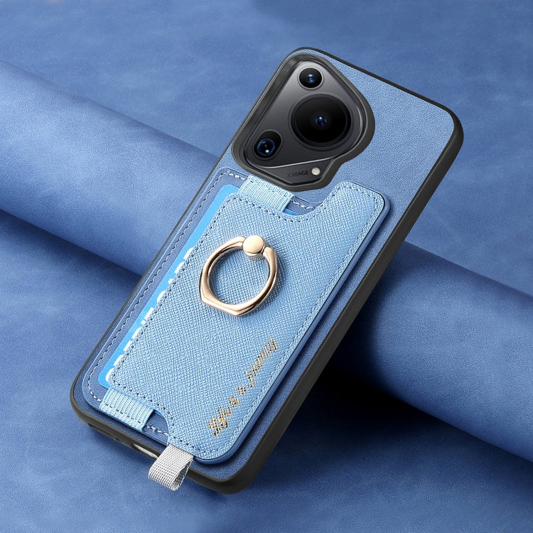 Funda para Teléfono Huawei Pura 70 Ultra con Tarjetero y Anillo de Cuero Retro Magsafe (Azul)
