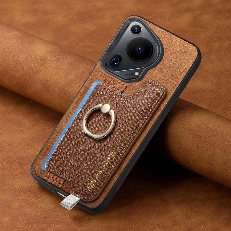 Funda para Teléfono Huawei Pura 70 Ultra con Tarjetero y Anillo Cuero Retro (Marrón)