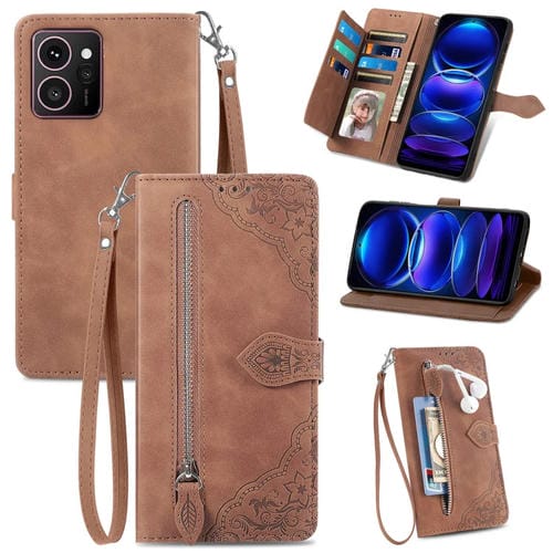 Funda de Cuero con Cremallera para Teléfono HMD Skyline Diseño Flores en Relieve (Marrón)