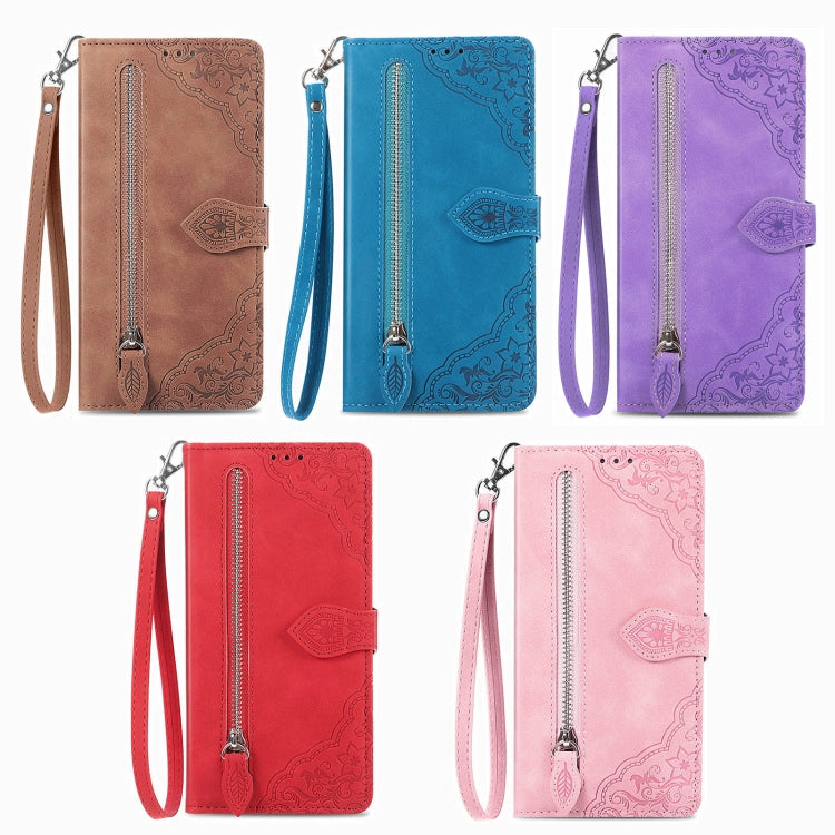 Funda de Cuero con Cremallera para Teléfono HMD Skyline con Diseño de Flores en Relieve (Rosa)