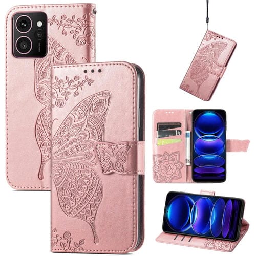 Funda de Cuero para Teléfono HMD Skyline con Relieve de Mariposa y Flor (Oro Rosa)