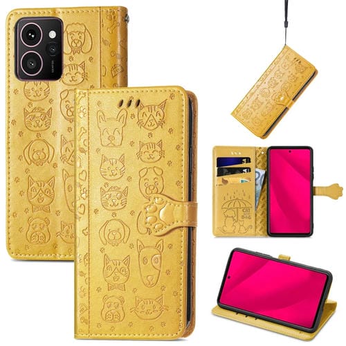 Funda de Cuero con Relieve Gato y Perro para Teléfono HMD Skyline (Amarillo)