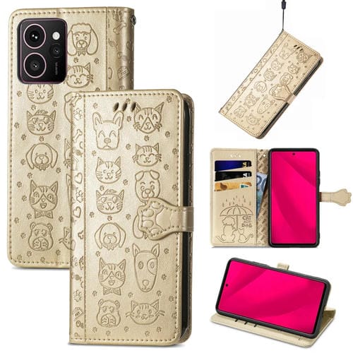 Funda de Cuero con Relieve de Gato y Perro para Teléfono HMD Skyline (Dorada)