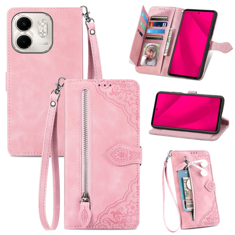 Funda de Cuero con Cremallera y Flores en Relieve para Infinix Smart 9 (Rosa)