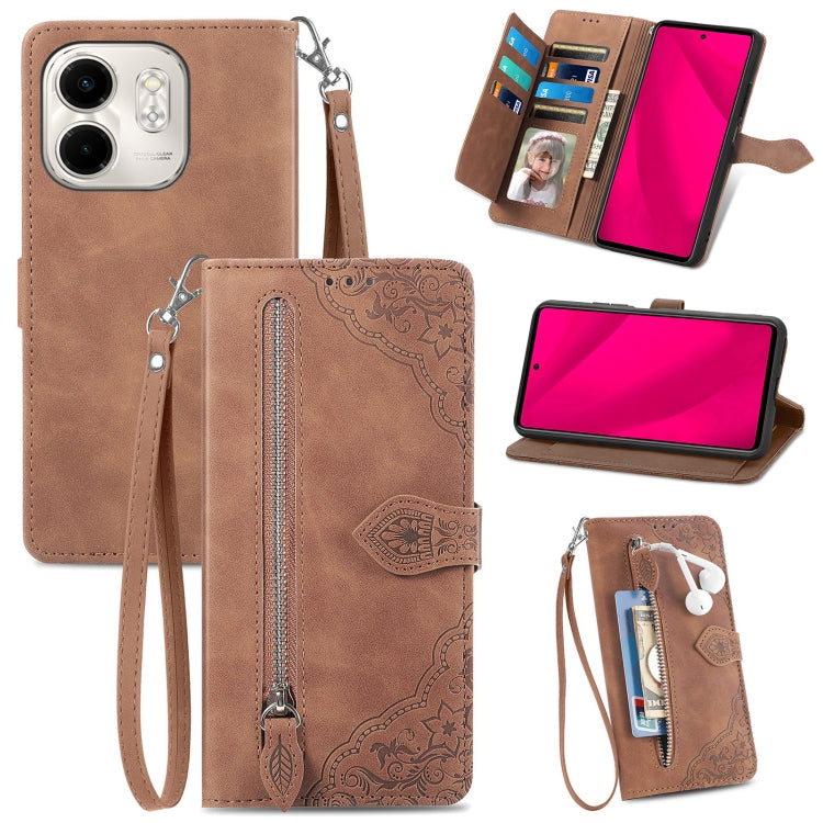 Funda de Cuero con Cremallera y Flores en Relieve para Infinix Smart 9 (Marrón)