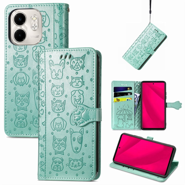 Funda de Piel con Relieve de Gato y Perro para Infinix Smart 9 (Verde)