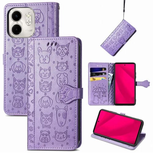 Funda de Piel con Relieve de Gato y Perro para Infinix Smart 9 (Morado)