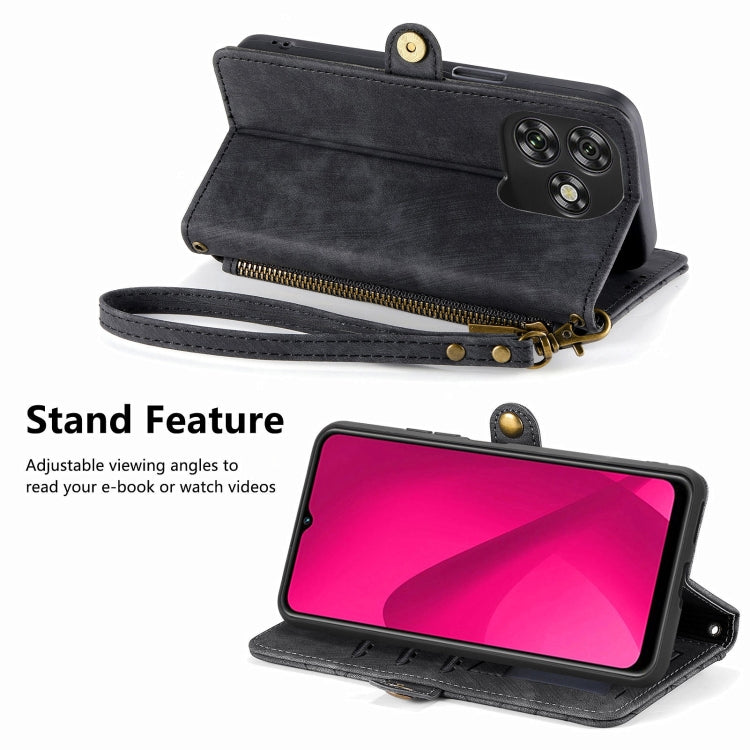 Funda de Cuero con Hebilla Lateral y Cremallera Geométrica para Oukitel C53 (Negro)