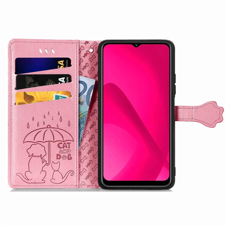 Funda de Piel con Relieve de Gato y Perro para Oukitel C53 (Rosa)
