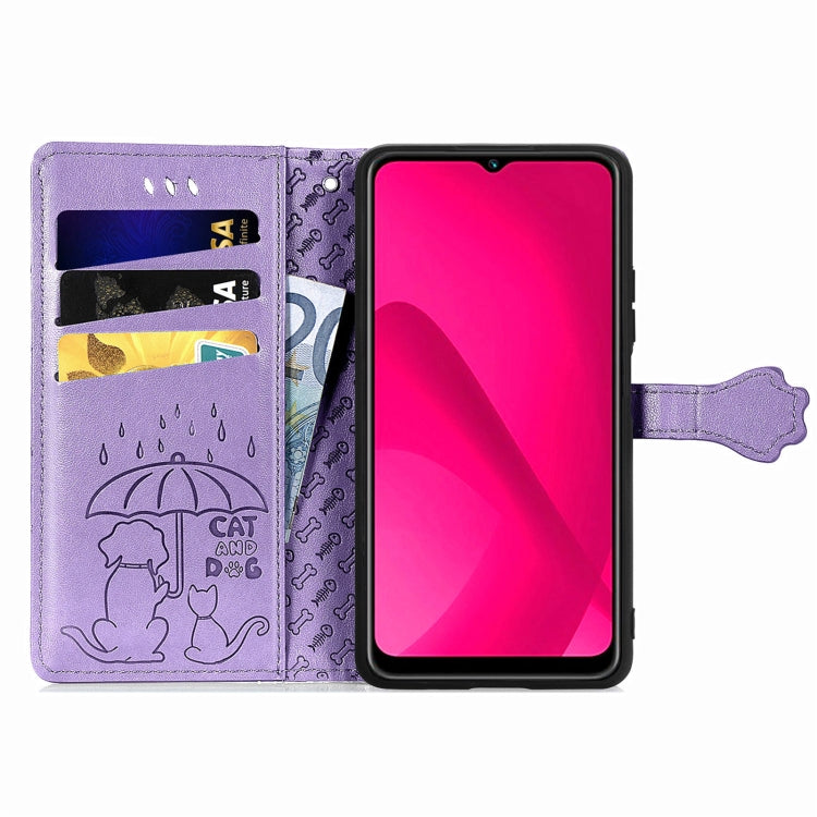 Funda de Piel con Relieve de Gato y Perro para Oukitel C53 (Morado)