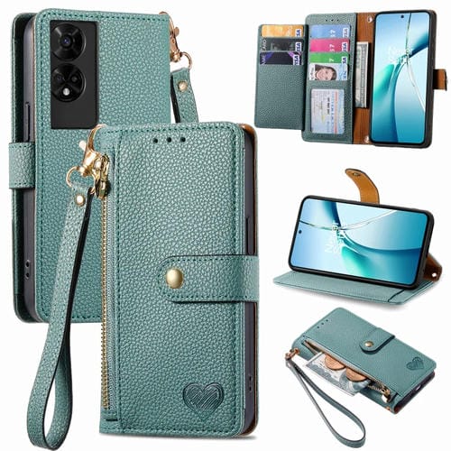 Funda de Cuero con Cordón y Cremallera Love para Teléfono TCL 50 5G (Verde)