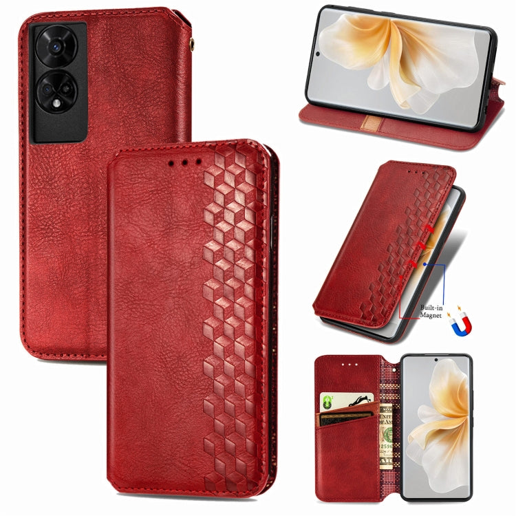 Funda de Cuero Magnética con Rejilla Cúbica para TCL 50 5G (Roja)