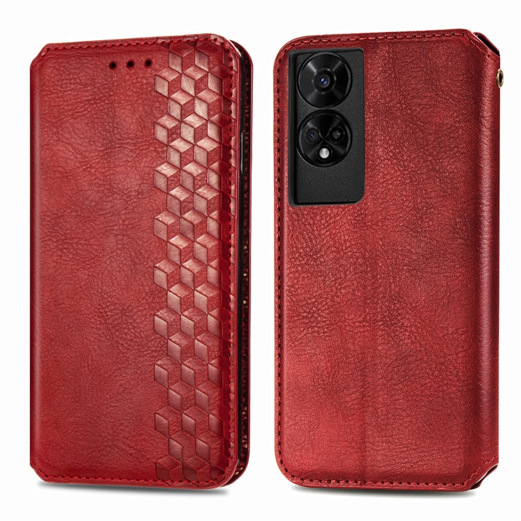 Funda de Cuero Magnética con Rejilla Cúbica para TCL 50 5G (Roja)