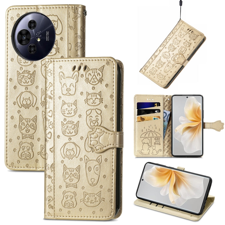 Funda de Cuero Nxtpaper con Relieve Gato y Perro para TCL 50 Pro (Dorada)
