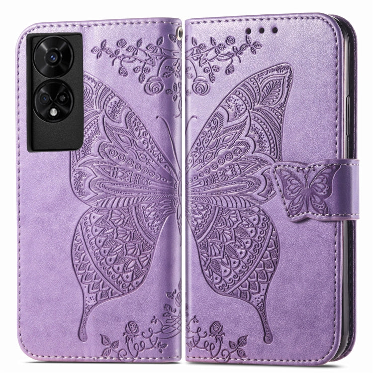 Funda de Cuero con Relieve Mariposa y Flor para TCL 50 5G (Lavanda)