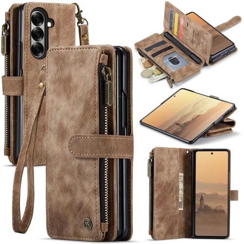 Funda de cuero con ranuras para tarjetas y cremallera para Samsung Galaxy Z Fold7 CaseMe C30 (marrón)