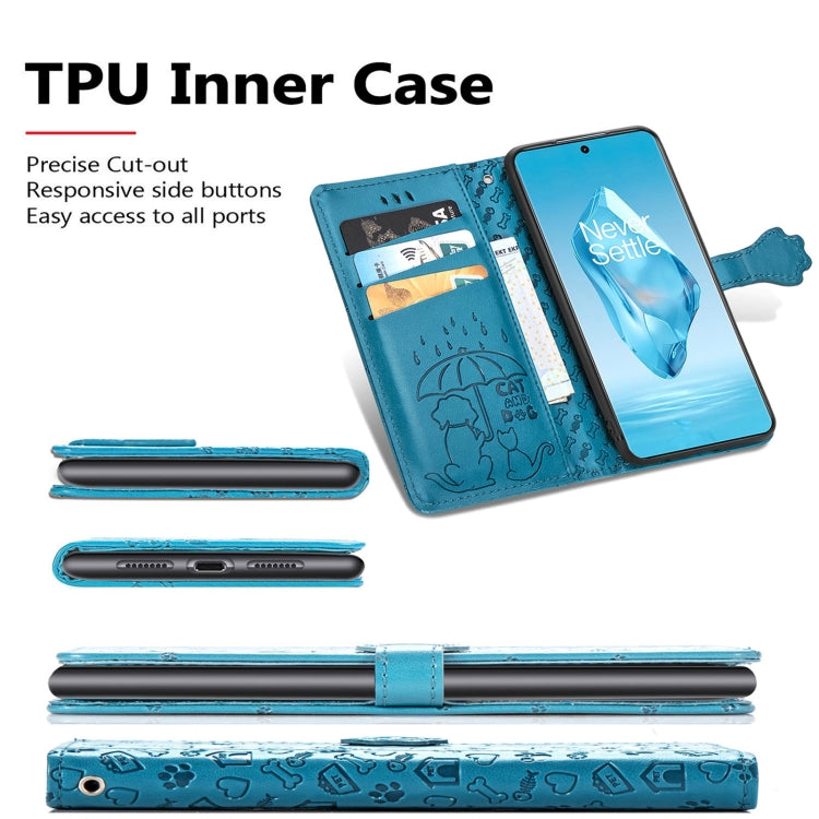 Funda de Piel con Relieve Gato y Perro para OnePlus Ace 3 Pro (Amarilla)