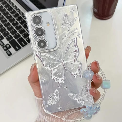 Funda de Teléfono TPU Samsung Galaxy A25 5G con Pulsera de Mariposa y Película de Lente (Plateada)