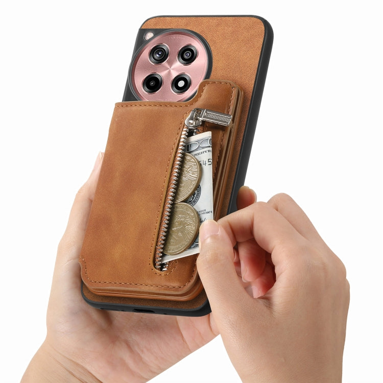Funda para Teléfono OnePlus Ace 3 5G/12R 5G con Cremallera y Tarjetero Retro (Marrón)