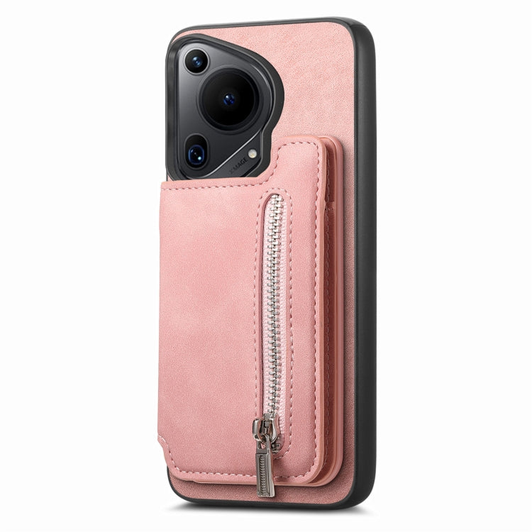 Funda para Teléfono Huawei Pura 70 Ultra Retro con Cremallera Magsafe y Tarjetero (Rosa)