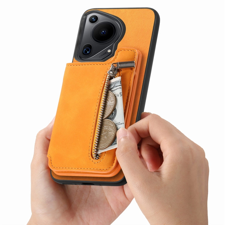 Funda para Teléfono Huawei Pura 70 Pro con Cremallera Magsafe Retro Tarjetero y Bolsillo (Amarillo)