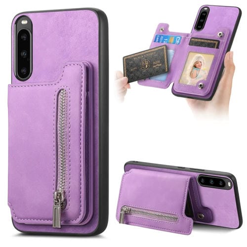 Funda para Teléfono Sony Xperia 10 V con Cremallera Retro Magsafe y Tarjetero (Morado)
