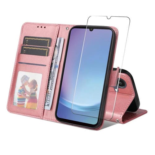ENKAY - Funda de piel con textura de becerro y protector de pantalla para Samsung Galaxy A07 (rosa)