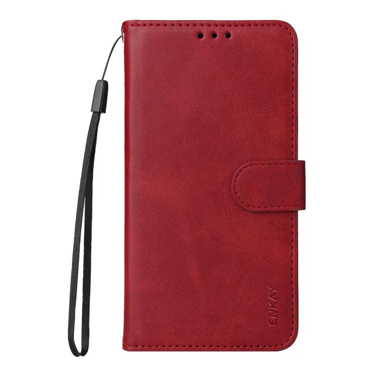ENKAY - Funda de piel con textura de becerro y protector de pantalla para Samsung Galaxy A07 (rojo)