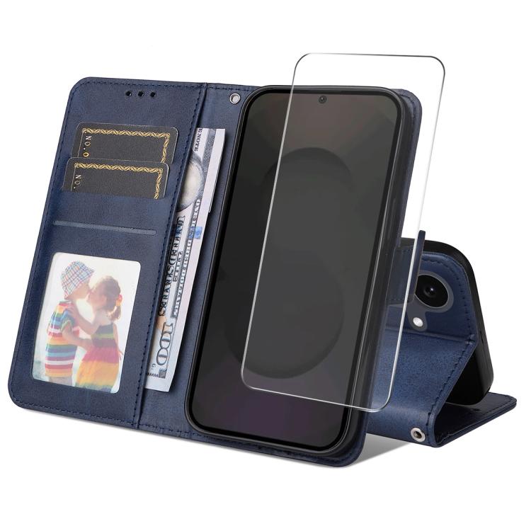 ENKAY - Funda de piel con textura de becerro y protector de pantalla para Samsung Galaxy S25 FE 5G (azul)