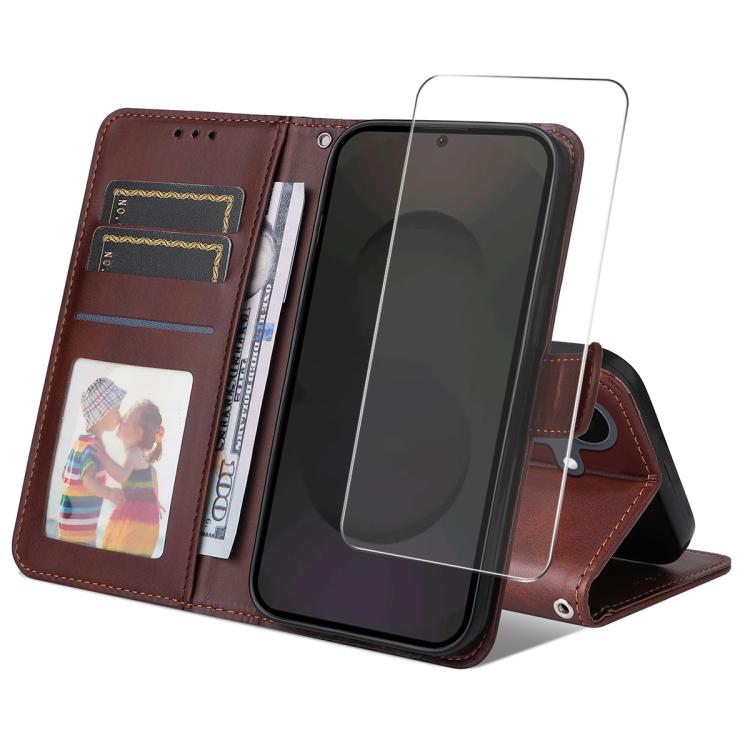 ENKAY - Funda de piel de becerro con textura de becerro y protector de pantalla para Samsung Galaxy S25 FE 5G (marrón)