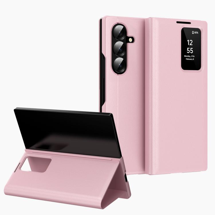 For Samsung Galaxy Z Fold7 5G Smart View Window Leather Phone Case with Card Slot(Pink)