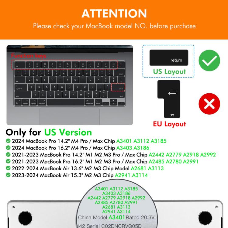 Funda Protectora de Silicona Suave para Teclado Enkay Versión Estadounidense para MacBook Pro 14.2 / Pro 16.2 / Air 13.6 / Air 15.3 (Blanca)
