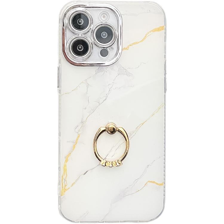 Funda para Teléfono iPhone 16 Pro Max Soporte de Anillo Mármol Galvanizado (Dorado y Blanco)