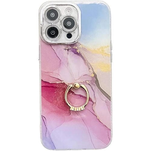 Funda para teléfono iPhone 16 Pro con soporte de anillo y textura de mármol galvanizado (Dorado, Rosa, Rojo)