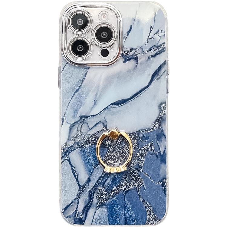 Funda para Teléfono con Soporte de Anillo Textura Mármol Galvanizado iPhone 16 Pro (Azul Marino)