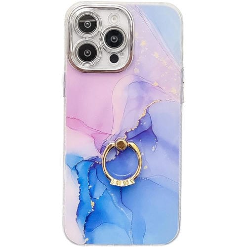 Funda para teléfono iPhone 16 Pro con soporte de anillo y textura de mármol galvanizado (Púrpura, Azul)