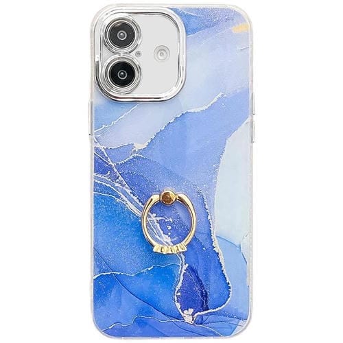 Funda para Teléfono iPhone 16 con Soporte de Anillo Textura Mármol Galvanizado (Azul Oscuro)