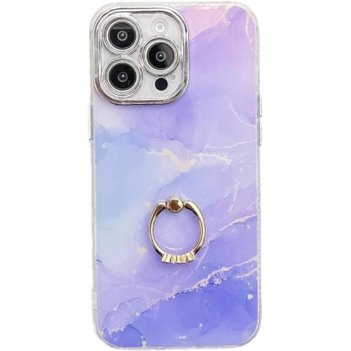 Funda para Teléfono iPhone 14 Pro Soporte de Anillo Textura Mármol Galvanizado (Azul Púrpura)