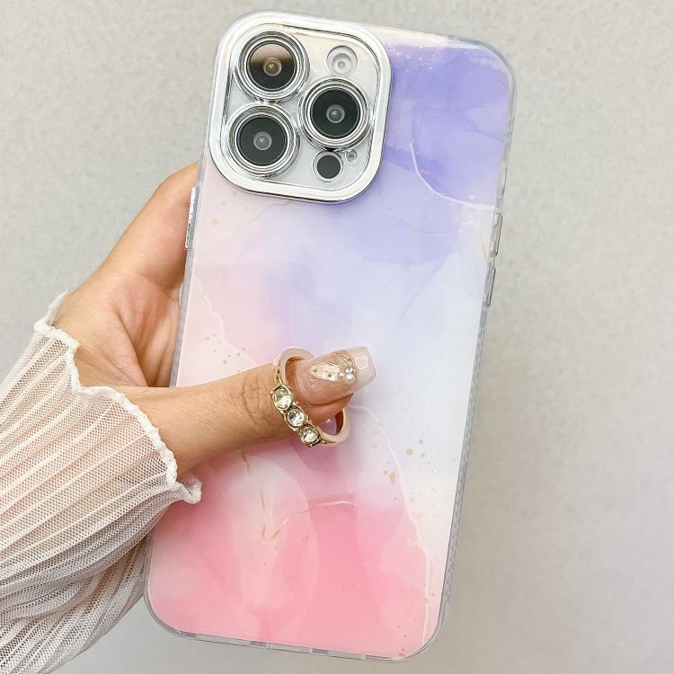Funda para Teléfono iPhone 14 Soporte de Anillo Textura Mármol Galvanizado (Púrpura)