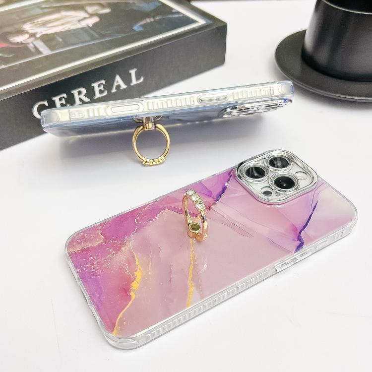 Funda para teléfono iPhone 15 Pro Max con soporte de anillo y textura de mármol galvanizado (Morado Claro)