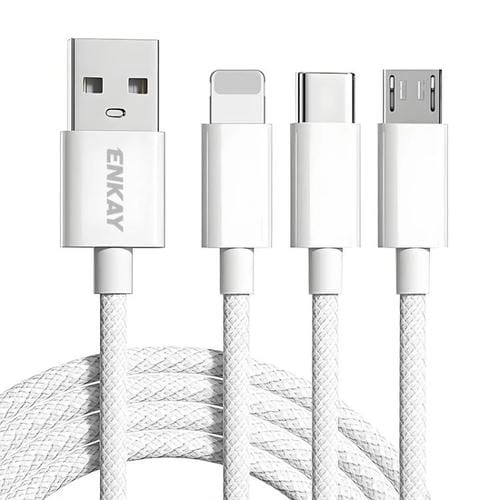 Cable de datos USB a Micro USB 8 Pines y Tipo C Enkay CB173 3 en 1 60 W 1 m (Blanco)