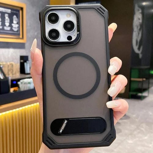 Funda para Teléfono PC Magsafe sin Marco Tacto de Piel Soporte Plegable para iPhone 15 Pro Max (Negro)