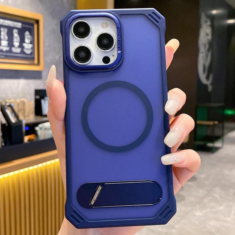 Funda para Teléfono PC Magsafe sin Marco con Tacto de Piel y Soporte Plegable para iPhone 16 Pro Max (Azul)