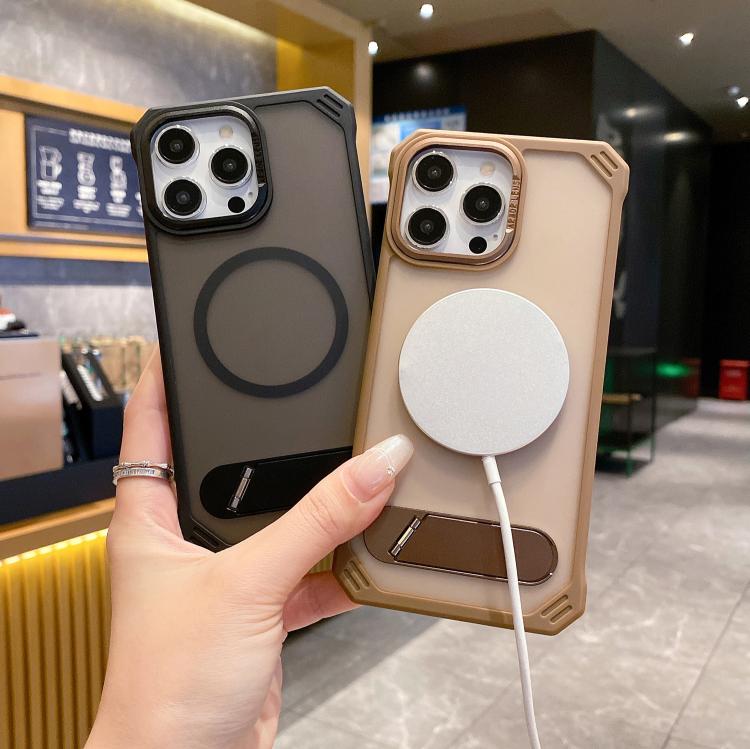 Funda para teléfono PC Magsafe sin marco con tacto de piel y soporte plegable para iPhone 14 (Morado)