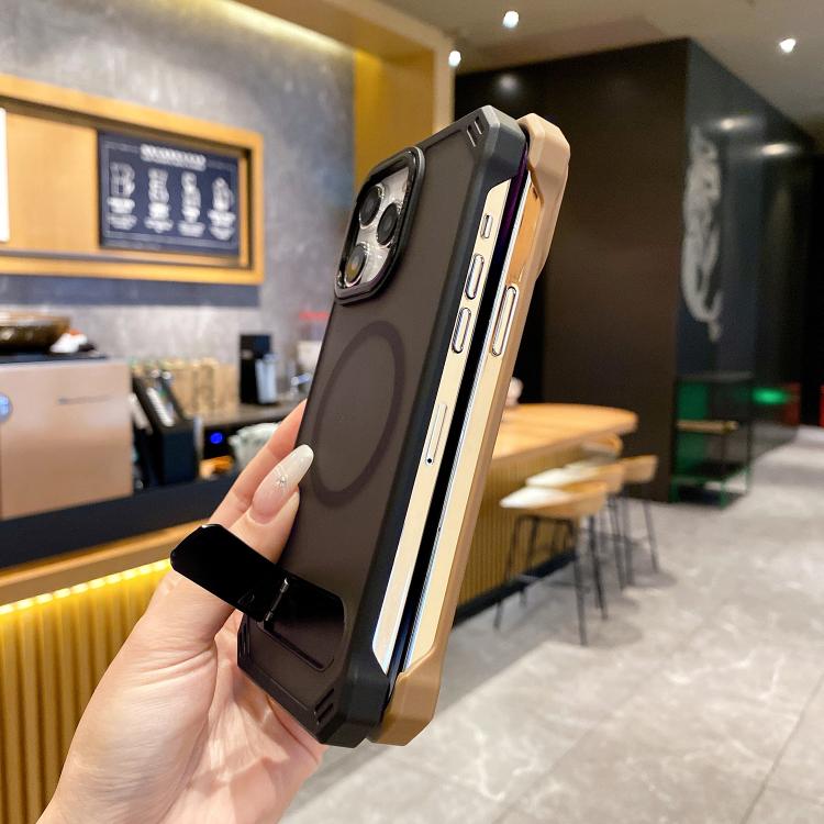 Funda para Teléfono PC Magsafe sin Marco Tacto de Piel Soporte Plegable para iPhone 15 Pro Max (Negro)