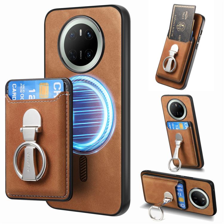 Funda para Teléfono Huawei Mate 70 Magsafe con Soporte Tarjetas y Anillo Plegable (Marrón)