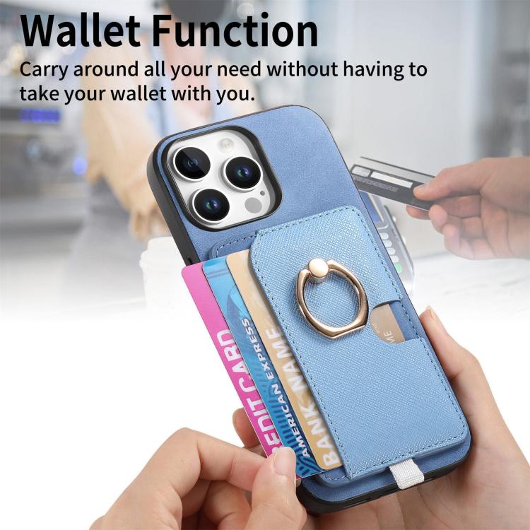 Funda para iPhone 16 Pro Cuero Diseño Retro Cruzado con Ranuras para Tarjetas (Azul)
