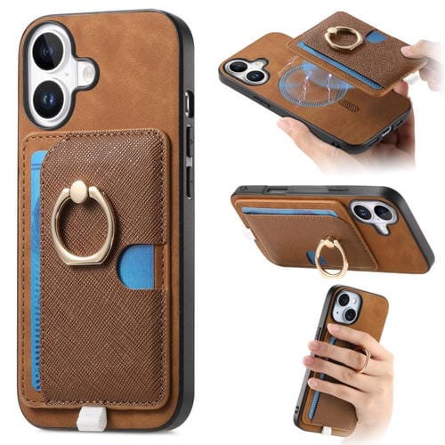 Funda para iPhone 16 con Ranuras para Tarjetas Diseño Retro Cruz y Anillo Lateral (Marrón)