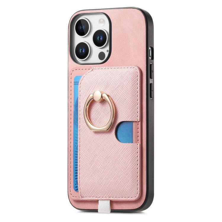Funda para Teléfono Magsafe iPhone 15 Pro Max Ranuras Tarjetas Anillo Lateral Cuero Diseño Retro Cruzado (Rosa)